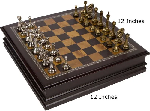 Vista 2 de Juego de ajedrez con tablero de madera y piezas de metal, 12 pulgadas