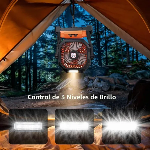 Vista 3 de Ventilador de camping recargable, ventilador portátil de 20000 mAh con linterna LED, 4 velocidades, USB C, funciona con pilas para camping, viajes