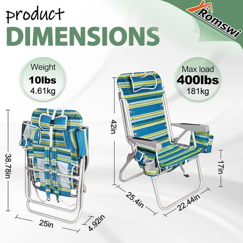 Vista 3 de Romswi Silla de playa alta extra ancha para adultos, mochila de asiento alto de 17 pulgadas con bolsa refrigeradora, soporte para taza y teléfono