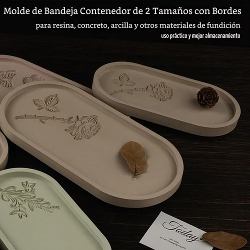 Vista 4 de Wehous Moldes ovalados para hormigón de resina, molde de silicona ovalada tallada en rosa de 2 tamaños, bandeja de resina epoxi para soporte