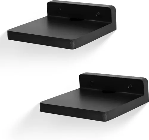 Vista 8 de Pequeño estante flotante para pared, juego de 2 estantes de pared de madera de 5 pulgadas, mini altavoces, monitor de bebé, cámaras, soporte de Negro