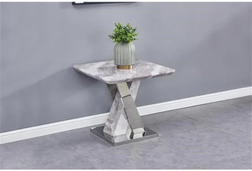 Vista 2 de Home Square Mesa auxiliar de mármol sintético y acero en blanco y plateado, juego de 2
