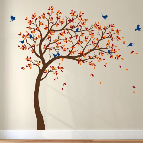 Vista 14 de Calcomanías de pared para árbol grande, calcomanías de árbol inclinado con pájaros, mural de vinilo decorativo KW032