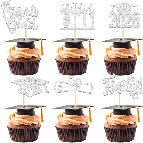 Vista 16 de Paquete de 24 adornos para cupcakes de clase 2026 con purpurina 2026 Felicidades Graduación Diploma Done Cupcake Picks 2026 Graduación Temática