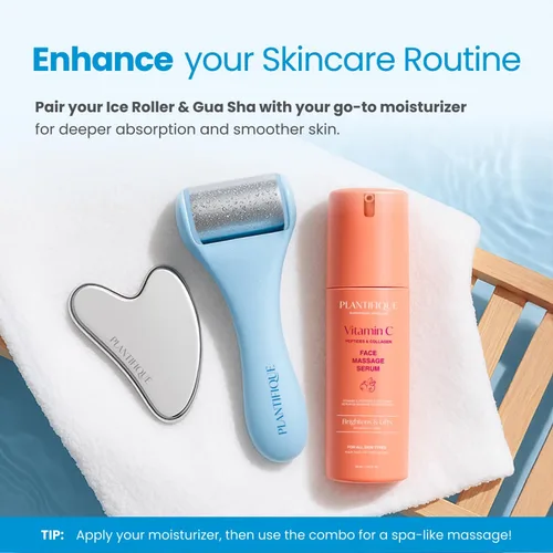 Vista 6 de PLANTIFIQUE Juego de Rodillo Facial de Hielo y Gua Sha de Acero Inoxidable - Herramientas de Masaje para Cuidado de la Piel con Crioterapia - Juego