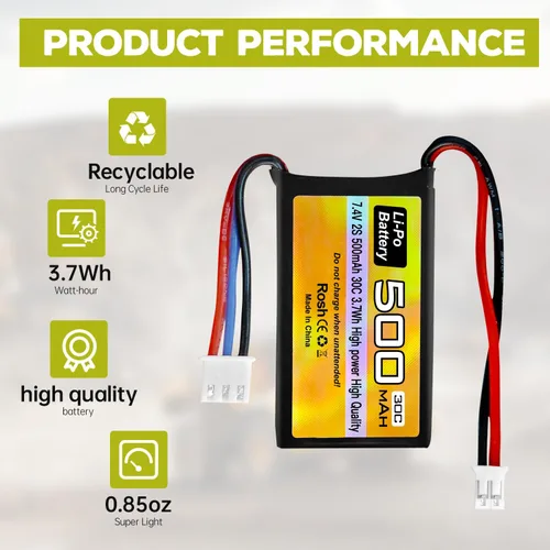 Vista 3 de Batería Lipo de 7.4 V, 500 mAh, 30 C, batería de drones con enchufe PH2.0 para modelos de automóvil AX24 SCX24 RC compatibles con la mayoría