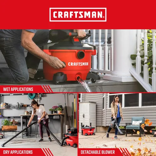Vista 4 de CRAFTSMAN CMXEVBE17606 Aspiradora en seco y húmedo de 12 galones 6.0 HP con soplador de hojas desmontable, aspiradora portátil para tienda húmeda