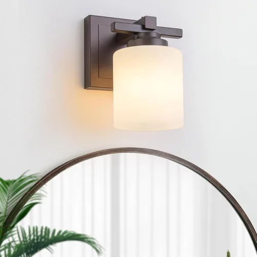 Vista 25 de 1 Luminaria Moderna de Baño sobre Espejo, Luces de Tocador Negro Dorado para Apliques de Pared de Baño con Pantallas de Vidrio Blanco Lechoso
