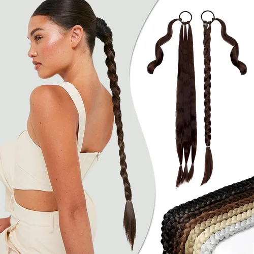 Vista 13 de Extensión de cola de caballo larga trenzada con banda para el cabello, color marrón claro, extensiones de cabello sintético suave y natural