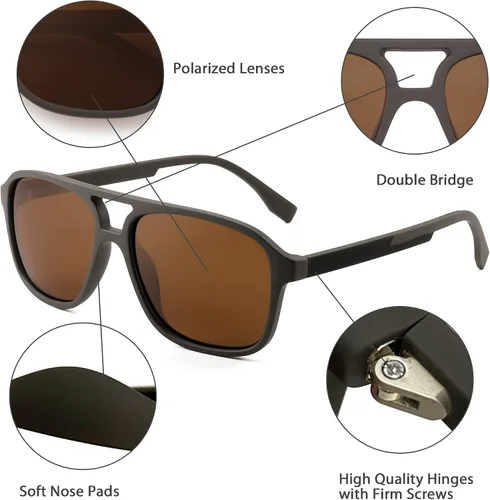 Vista 3 de JIM HALO Gafas de sol polarizadas de aviador para hombres y mujeres gafas de conducción cuadradas vintage marco café matelente marrón polarizado