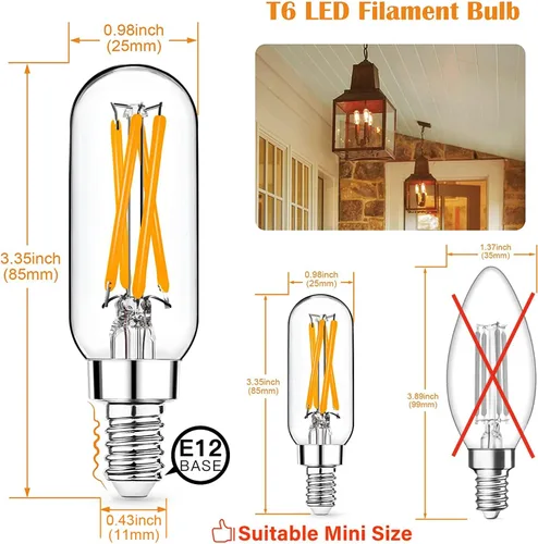 Vista 3 de Paquete de 12 bombillas LED T6 regulables, 4 W (equivalente a 40 W), base E12 Edison, 2200 K, transparente, para candelabro, para luz de lámpara