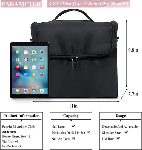 Vista 6 de Deciniee Estuche de maquillaje, Negro, Color puro Nail Organizer Case-Adjustable Dividers, Waterproof, Detachable Shoulder Strap, Portable