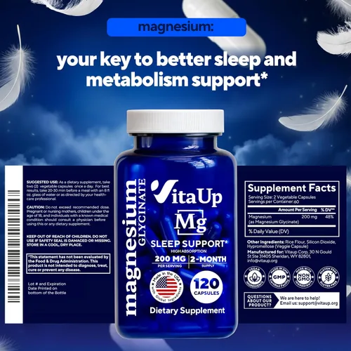 Vista 9 de VitaUp Glicinato de magnesio 200 mg – Hecho en Estados Unidos, altamente absorbente, magnesio sin OMG para relajación, sueño profundo, huesos
