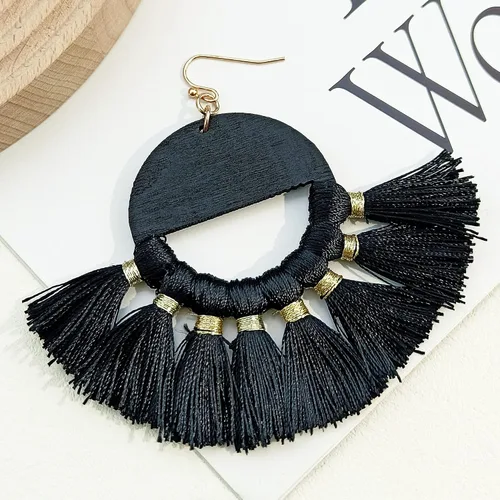 Vista 3 de COIRIS Aretes colgantes de borla de madera con círculo grande bohemio con hilo de algodón, joyería para mujer