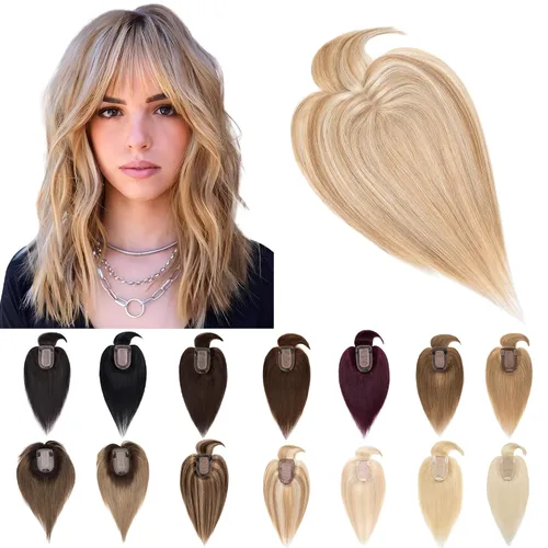 Vista 10 de SEGO Toppers para el cabello para mujer, cabello humano real con flequillo, 2.8 x 5.1 in, base de seda, 100% cabello humano Remy, clip en la parte