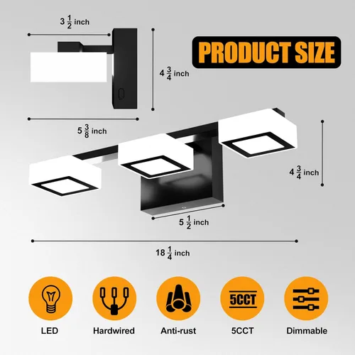 Vista 4 de Lámparas LED modernas para baño, 3 luces regulables con 5 modos de color, accesorios de iluminación de pared de baño acrílico negro mate sobre