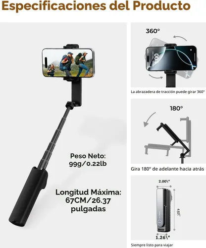 Vista 4 de Palo selfie con control remoto inalámbrico – Palo selfie portátil para iPhone y Android, soporte plegable ligero para teléfono celular