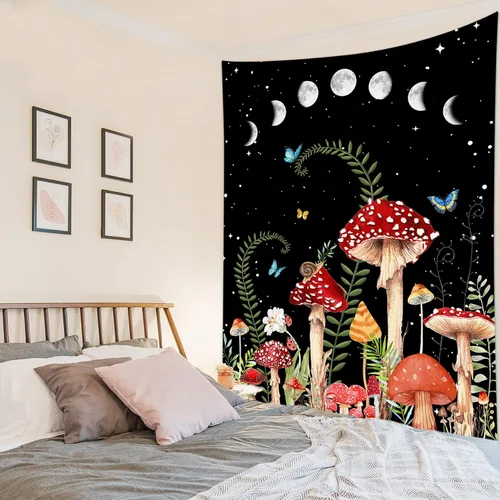 Vista 4 de HVEST Tapiz de hongos para colgar en la pared, tapiz bohemio de plantas y mariposas, noche con fase lunar y estrella, decoración de pared