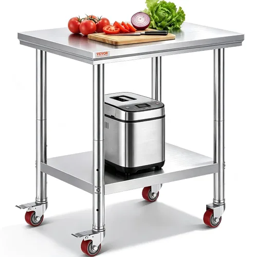 Vista 14 de Vevor Mesa de trabajo de acero inoxidable con ruedas de 24 x 12 x 32 pulgadas, mesa de preparación con 4 ruedas, mesa de trabajo resistente