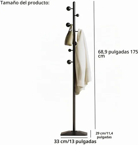 Vista 6 de Perchero de pie, Árbol de abrigos de pie resistente con 7 ganchos de bola, Soporte para colgar abrigos con base de metal para entrada, pasillo