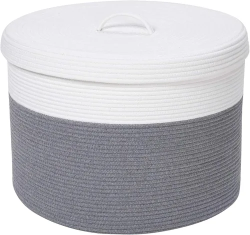Vista 29 de Cesta de almacenamiento extra grande de 16" x 16" x 18" con tapa, cestas de almacenamiento de cuerda de algodón, canasta de lavandería, contenedor