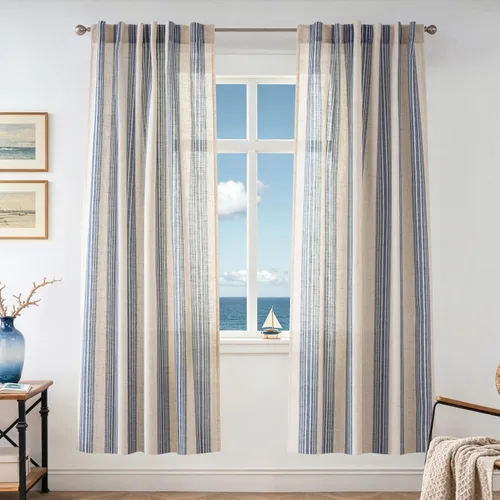 Vista 113 de DriftAway Cortinas de estilo granja con rayas verticales de lino mezclado texturizado con filtro de luz semitransparente para sala de estar
