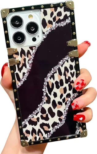 Vista 14 de Funda cuadrada de lujo compatible con iPhone 13 Pro Max de 6.7 pulgadas, funda de leopardo brillante, silicona suave y brillante a prueba de golpes