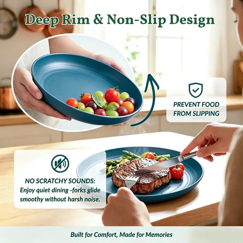 Vista 5 de Homienly Party Plates 12 PCS Wheat Straw Deep Plates 9 Inch Plastic Plates Alternative for Salad,Pizza,Hamburger,Unbreakable Kitchen Plates for