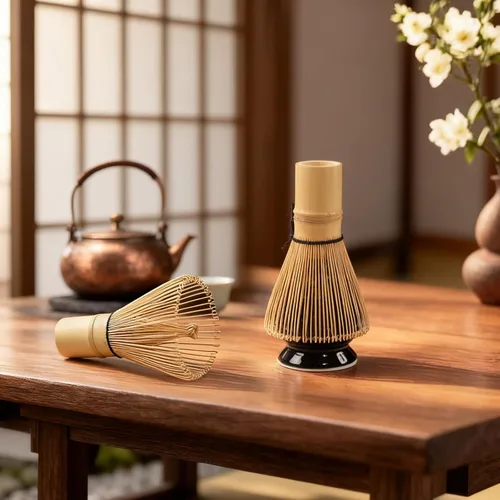 Vista 8 de Juego de batidor de matcha, 8 piezas de oro de flor de ciruelo para ceremonia de té japonesa, cuenco de cerámica con boquilla, batidor de bambú