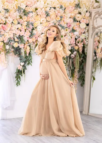 Vista 3 de Zxruijing Vestido de maternidad de gasa para fotografía, cuello en V, vestidos de sesión de fotos de maternidad para baby shower, vestido de embarazo