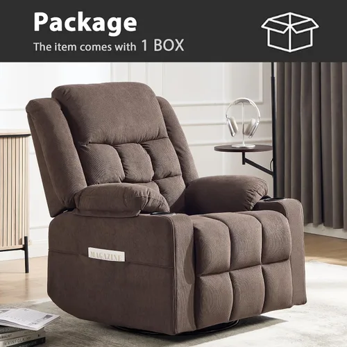 Vista 8 de Silla reclinable giratoria con masaje y calefacción, portavasos, sillón reclinable deslizante para adultos, tela suave, sala de estar, silla