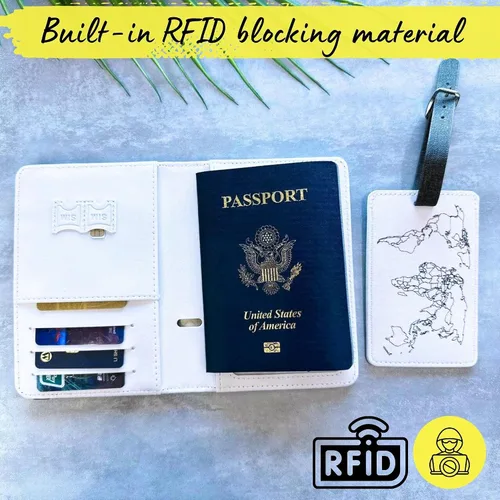 Vista 4 de Soporte para pasaporte del mapa del mundo, funda de pasaporte con bloqueo RFID y tarjetero de vacuna, cartera para pasaporte, funda para pasaporte