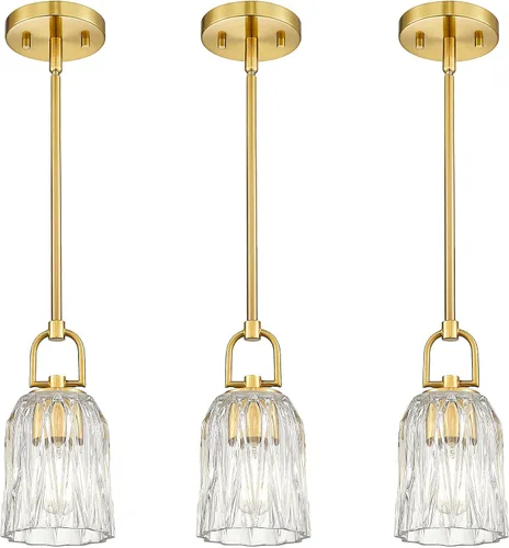 Vista 20 de FEMILA Lámpara Colgante Dorada, Accesorios de Iluminación Colgante de 4", Iluminación para Isla de Cocina, Vidrio Martilleado, Base E26, 4FY86MIL BG
