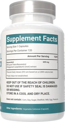 Vista 4 de Suplementos de resveratrol, cápsulas veganas, 120 unidades, trans-resveratrol con extracto de uva roja, sin OMG
