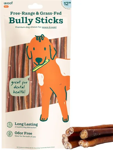 Vista 9 de WOOF Bully Sticks Golosinas para Perros - Palitos Masticables para Perros - Golosinas Masticables para Perros de Larga Duración - Hechos con Carne