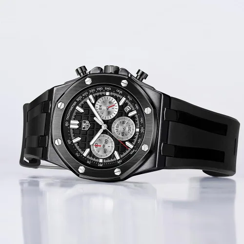 Vista 3 de Men's Watch Silicone Band, Quartz Analog Waterproof Multifunction Chronograph Sports Watch for Men with Calendar Black Rubber Strap