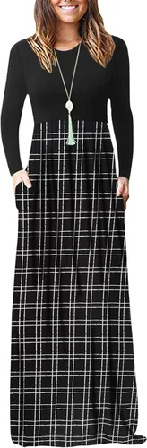 Vista 25 de Vestido de manga larga para mujer, holgado, liso, largo, estilo informal, con bolsillos. 01-verde militar