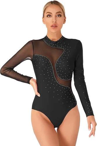 Vista 51 de iiniim Leotardo de malla para mujer, con diamantes de imitación, de malla, de manga larga, leotardos de gimnasia