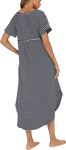 Vista 3 de AVIIER Camisón largo de algodón con cuello en V para mujer, ropa de dormir de manga corta