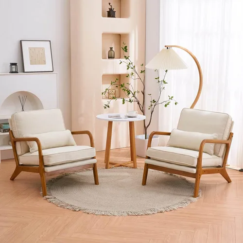 Vista 2 de Lestar Sillón individual, sillas de sofá de acento moderno, asiento tapizado de lino con cojín de respaldo y almohada para sala de estar (beige)