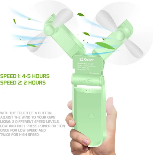 Vista 4 de Cellet Mini ventiladores portátiles plegables de mano de dos velocidades de refrigeración por aire USB recargable (verde)