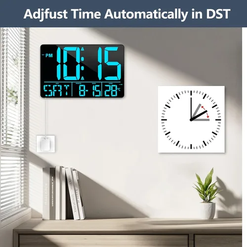 Vista 5 de PERSUPER Reloj de pared digital de 13" con pantalla grande con control remoto, 25 melodías de alarma, temperatura, calendario, brillo automático