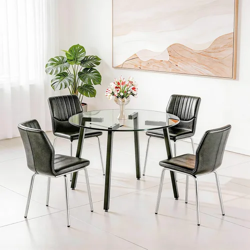 Vista 18 de Juego de mesa de comedor de cristal para 4, mesa rectangular con 4 sillas de cocina de cuero blanco, juego de comedor de cocina de 51 pulgadas, mesa