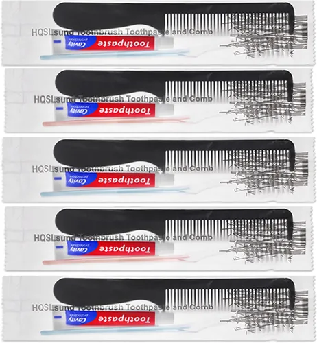 Vista 6 de 30 cepillos de dientes desechables con pasta de dientes y peine envueltos individualmente, 0.35 onzas de pasta de dientes, peine negro de 7