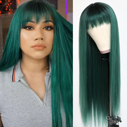 Vista 13 de QD-Tizer Pelucas sintéticas de color rubio ceniza con flequillo, pelucas de cabello largo y lacio, sin pegamento, pelucas sintéticas sin encaje