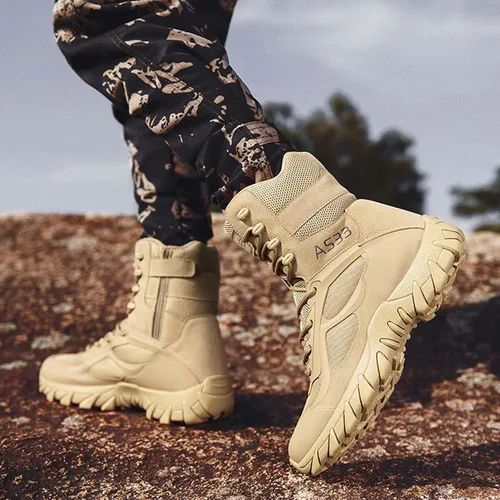 Vista 3 de Botas tácticas para hombre, botas militares de trabajo, botas de combate al aire libre para senderismo, motocicleta, escalada