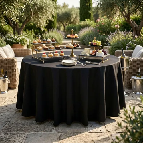 Vista 3 de Restaurantware Table Tek - Manteles redondos de 120 pulgadas para boda, 10 manteles redondos de poliéster negro, lavables, sin arrugas