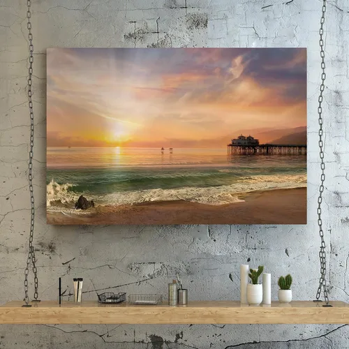 Vista 4 de Renditions Gallery - Impresiones de arte natural en lienzo, puesta de sol vespertina en playa de arena tranquila, obra de arte para colgar