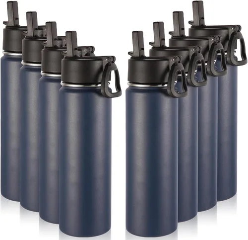 Vista 26 de Volhoply Botellas de agua aisladas de 22 onzas con tapa con popote, botella deportiva de acero inoxidable con asa, vasos de agua de viaje de metal