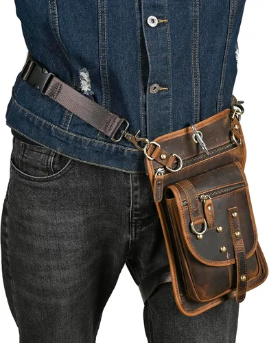 Vista 2 de Riñonera de viaje de lona + cuero para motocicleta, bolsa de cintura para muslo, bolsa para hombres y mujeres FB2141